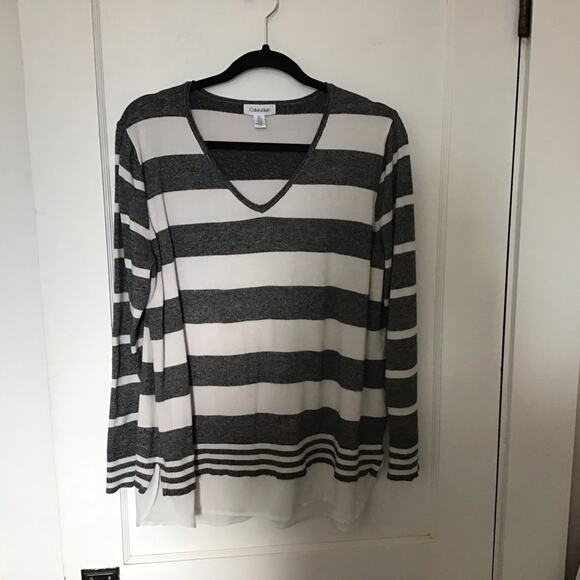 Calvin Klein Gray & White Stripe Lightweight Layered Look v-neck Sweater Large - Picture 1 of 8